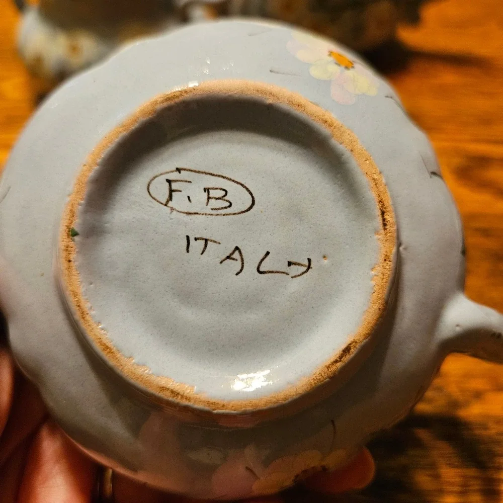FB Italy Vintage Hand Painted Floral Tea Set Blue Ceramic Teapot Creamer Sugar